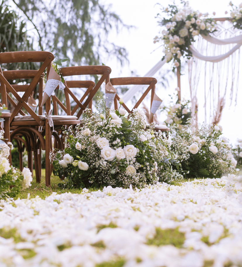 Stunning wedding flowers on church pews at a romantic Northern Ireland ceremony venue.